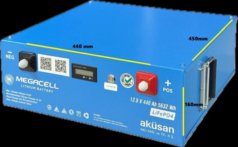 Megacell 12.8V 440Ah LiFePO4 Lityum Demir Fosfat Akü(Rack Tipi-Bluetoothlu)