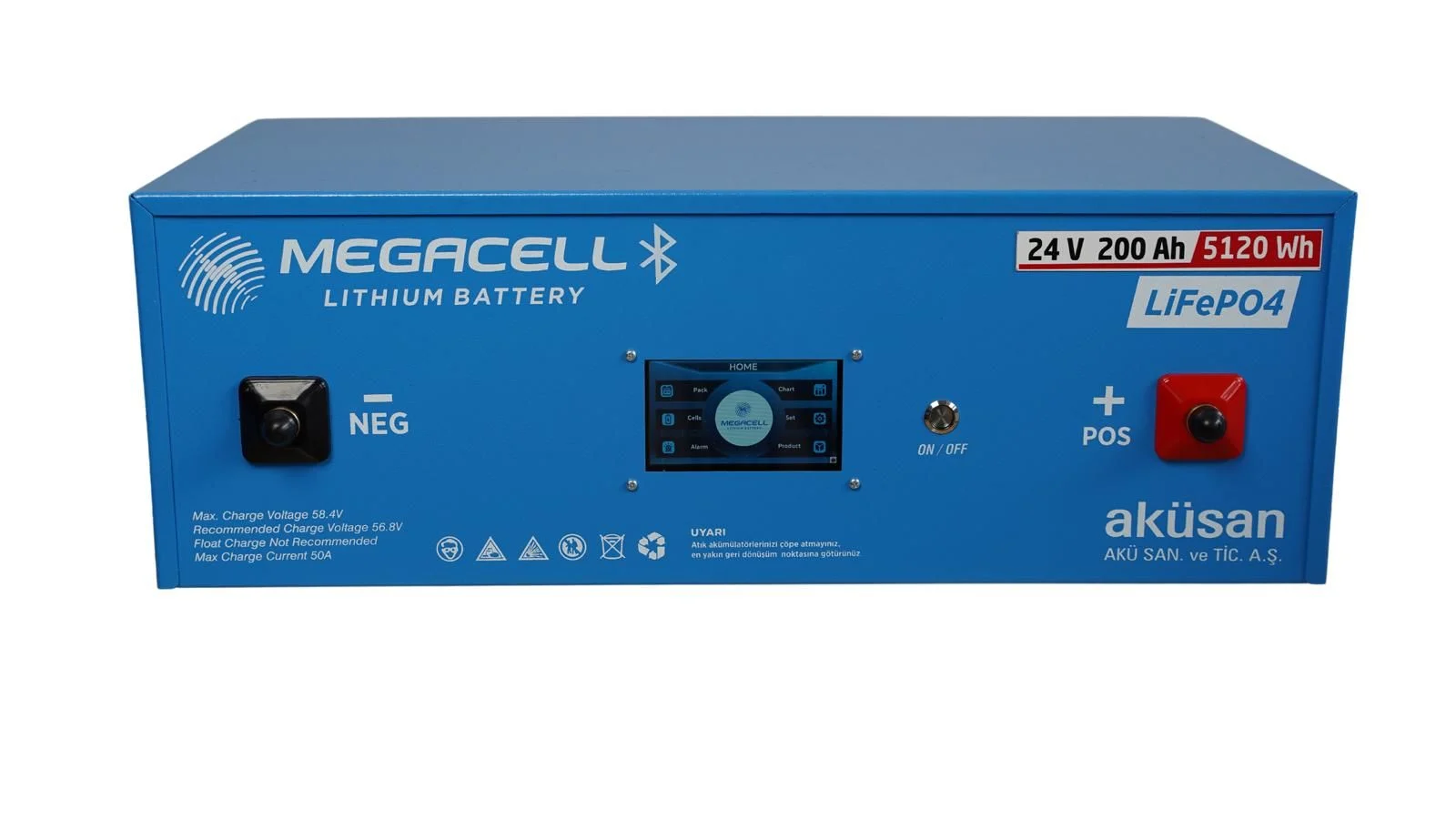 Megacell 25.6V 200Ah (Bluetooth) LiFePO4 Lityum Demir Fosfat Akü(Dokunmatik Ekran)