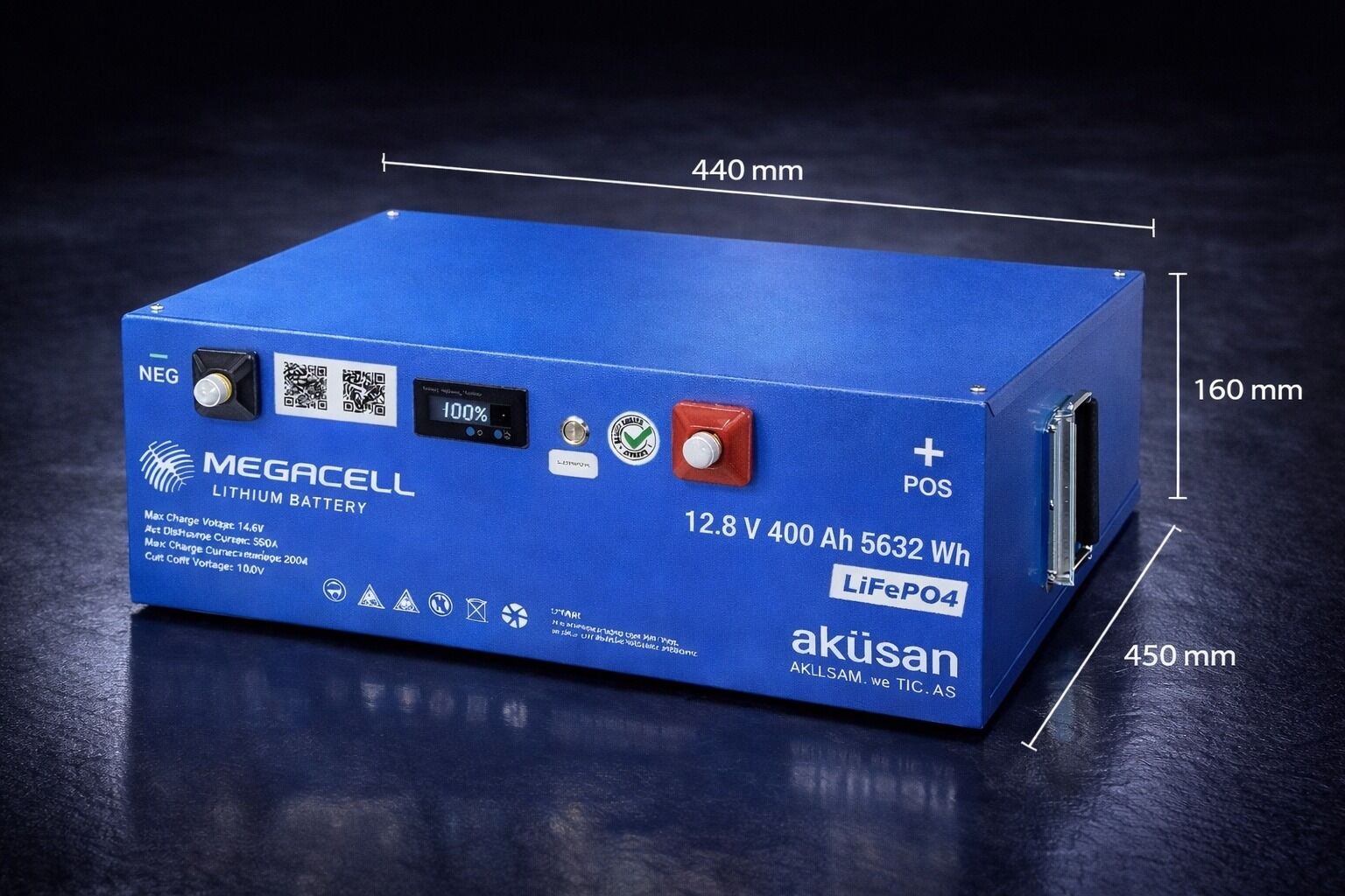 Megacell 12.8V 400Ah LiFePO4 Lityum Demir Fosfat Akü(Dikey-Bluetoothlu)